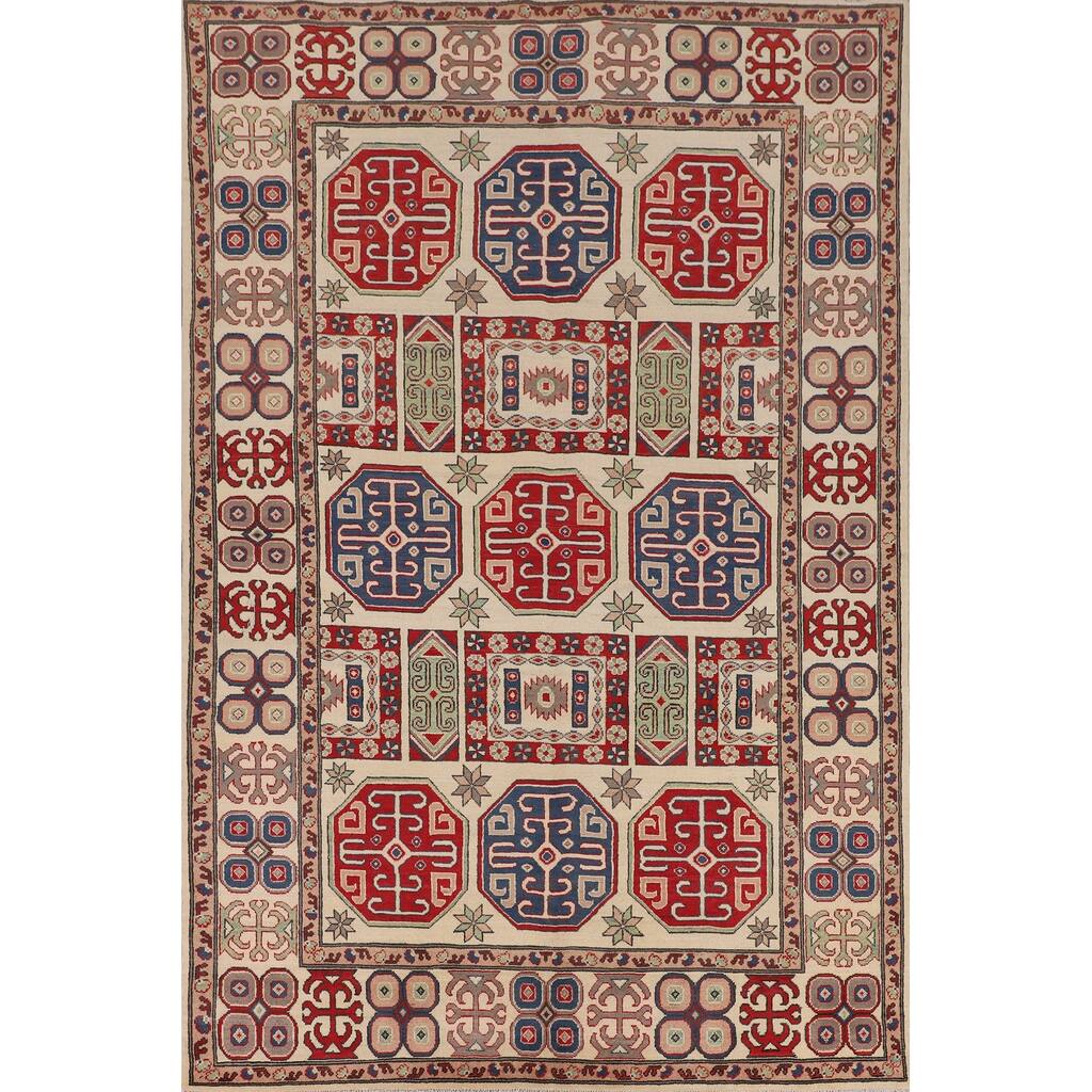 Traditional Beige Kazak Oriental Area Rug Hand-Knotted Wool Carpet - 6'6" x 9'6"