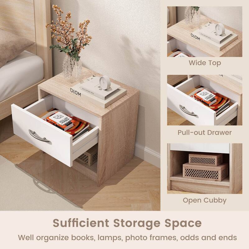 Costway Modern Nightstand Bedside Table with Drawer Open Storage Shelf