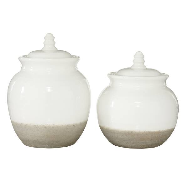 Large Round Vintage Beige And White Ceramic Jars W Lids Set Of 2 8 7 7 X 7 X 10 Overstock 32157129