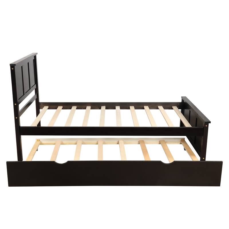 Roomfitters Twin Wood Platform Bed with Pull-Out Trundle, Espresso Finish