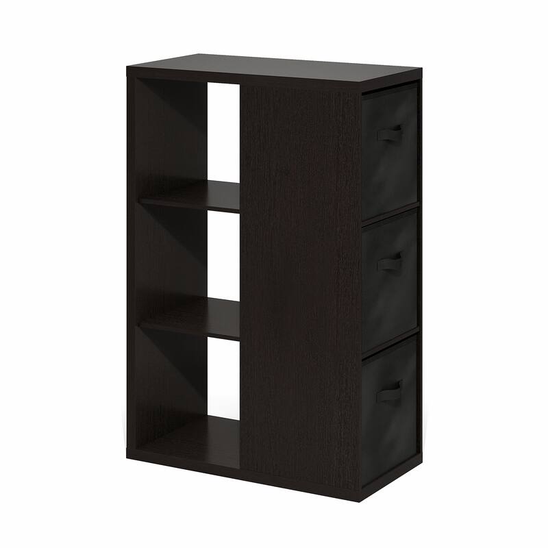 Furinno Viola 3-Tier Open Shelf Bookcase, Bookshelf, Storage Organizer, with Storage Bins, Amber Pine/Black - Dark Oak/Black