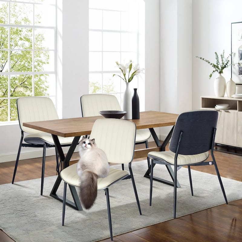 Mid Century Modern Retro Leather Dining Chair with Bentwood (Set of 4) - Beige
