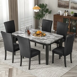 7-piece Dining Table Set with 1 Faux Marble Top Table and 6 Upholstered ...