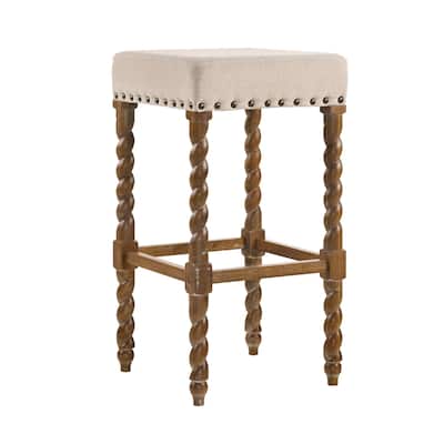 30" Ivory and Brown Nailhead Trimmed Bar Stool with Barley Twist Legs