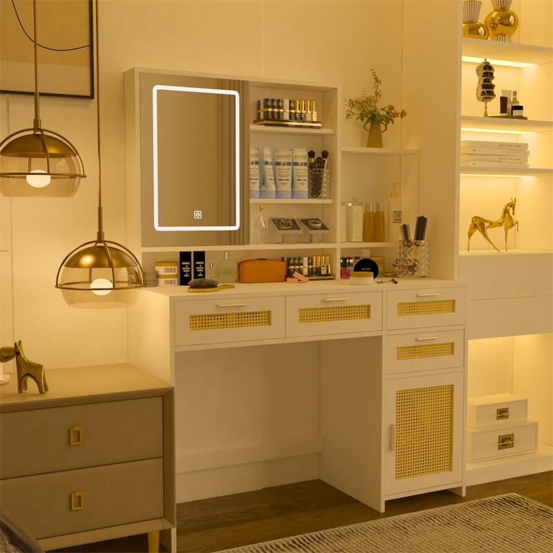 Makeup Vanity Desk with Lights in 3 Colors & Openable Mirror - White