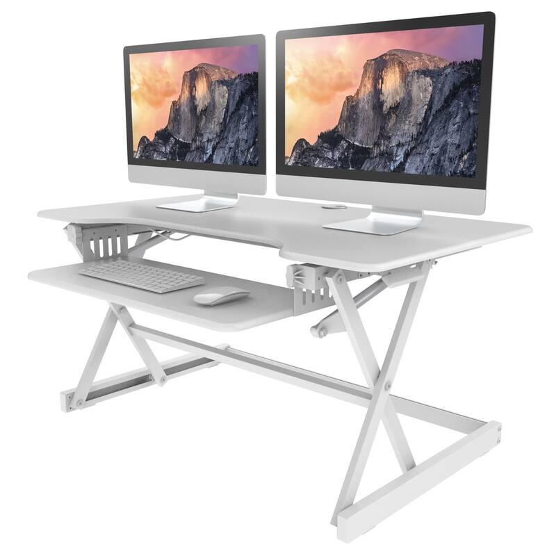 Rocelco 40 in. W White Height Adjustable Standing Desk Converter with Anti Fatigue Mat Computer Workstation Riser Keyboard Tray