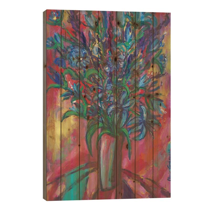Blue Flowers Print On Wood by Peris Carbonell - Multi-Color - 26x18x1.5