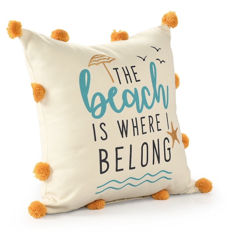 Sevita Blue/Orange Coastal The Beach Is Where I Belong Polyester Throw Pillow, 20" x 20"