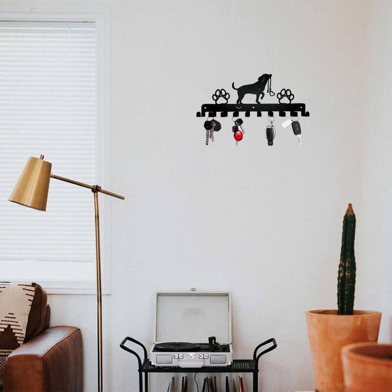 Black Metal Cute Dog Wall Hanging Storage Rack with Hooks for Home Entryway or Coat - 11.81”L x 4.96”H