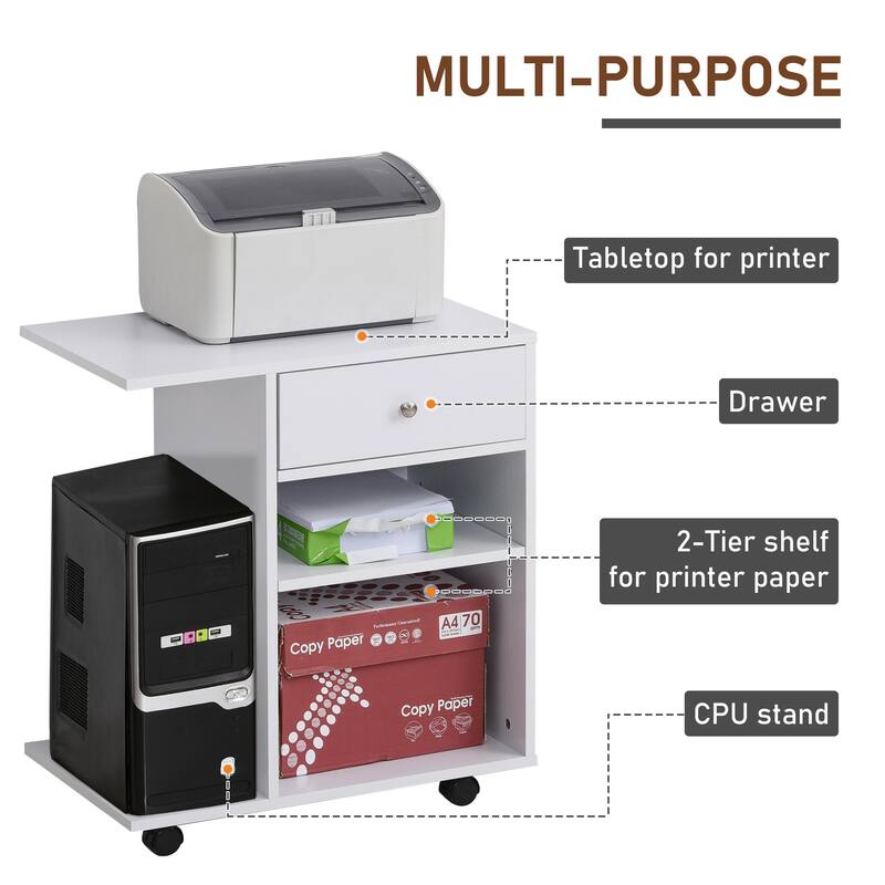 Vinsetto Printer Table Desk, Rolling Cart Stand with Wheels, Adjustable Shelf, Drawer and CPU Stand