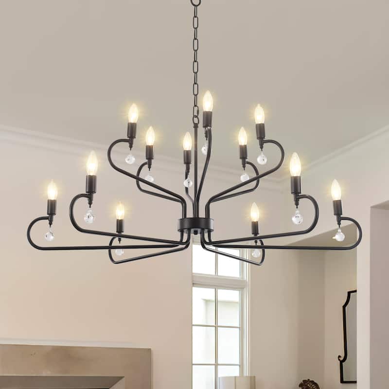 12-Light Black Metal Chandelier with Adjustable Chain - Matte Black