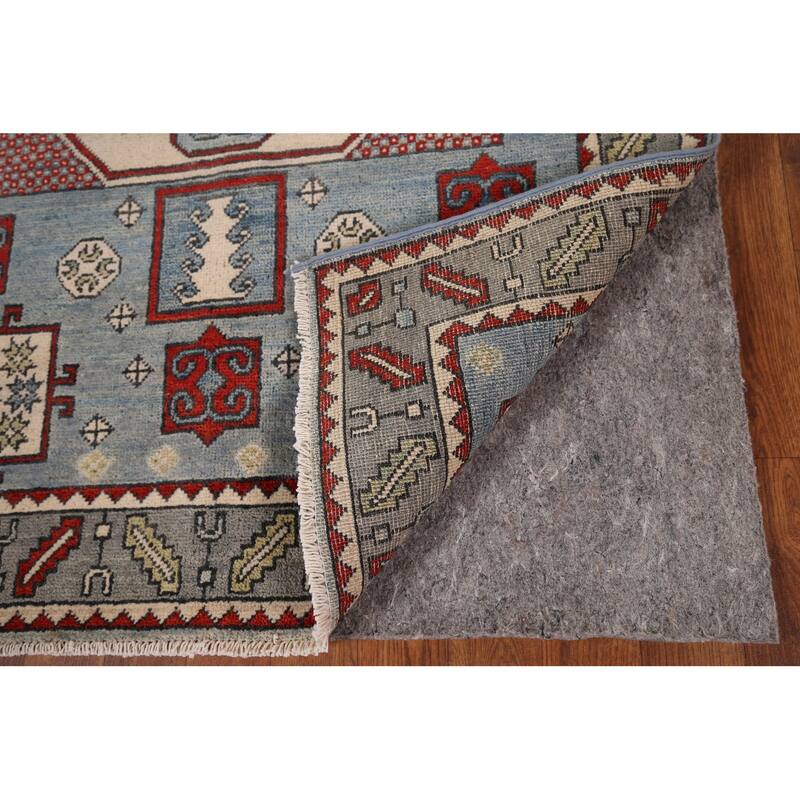 Blue Geometric Kazak Oriental Accent Rug Hand-Knotted Wool Carpet - 3'7" x 5'0"