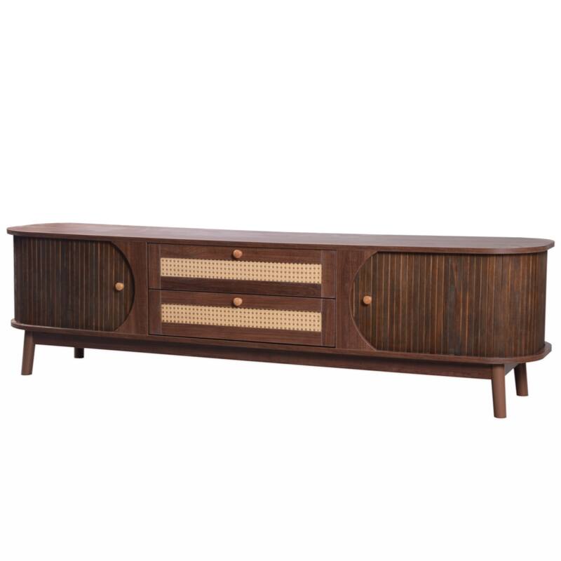 Rattan TV Stand for TVs up to 75'', Modern Farmhouse Media Console, Entertainment Center with Solid Wood Legs