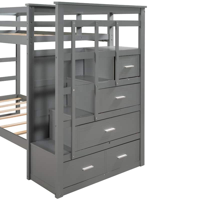 Solid Wood Bunk Bed with Trundle and Staircase
