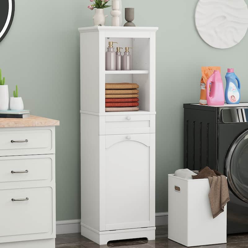 53 Inch Tall Tilt Out Laundry Hamper Cabinet with Hidden Basket and Storage Drawer