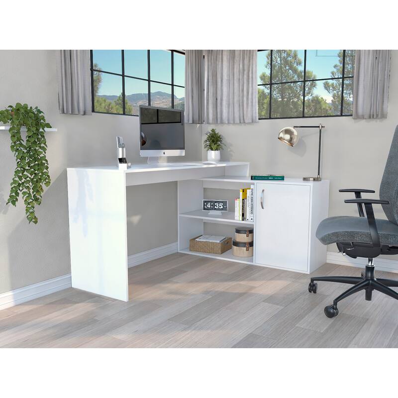 Modern L-Shaped Computer Desk with Open & Closed Storage - White