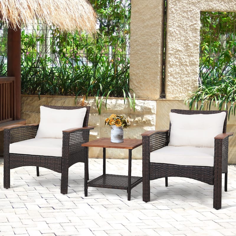 3 PCS Patio Sofa Set Rattan Conversation Set with 2 Tier Coffee Table