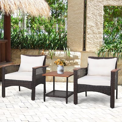 3 PCS Patio Sofa Set Rattan Conversation Set with 2 Tier Coffee Table