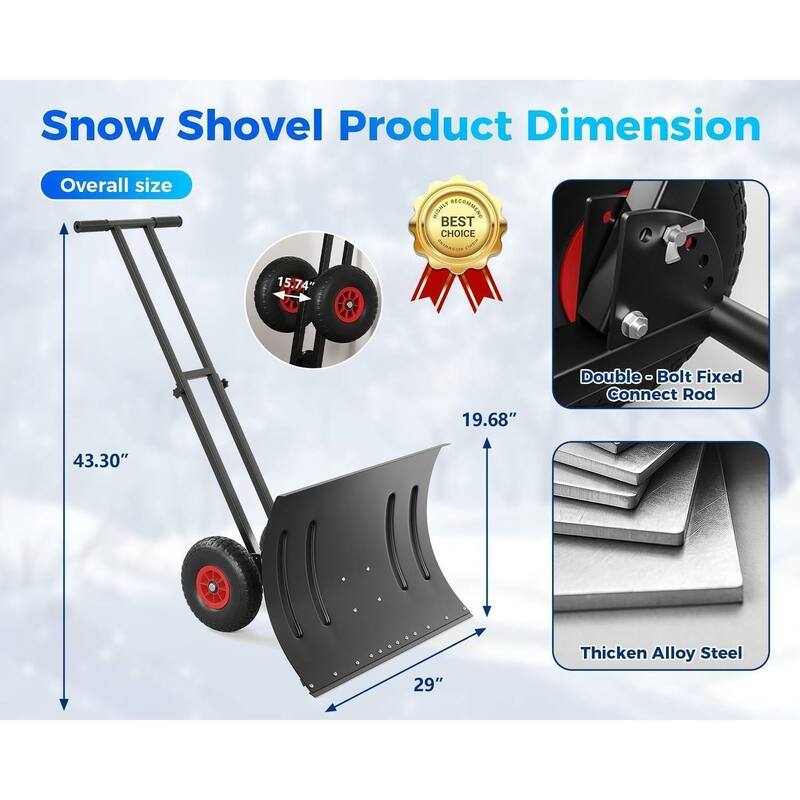 Heavy Duty 30-Inch Wheeled Snow Shovel with Adjustable Ergonomic Handle