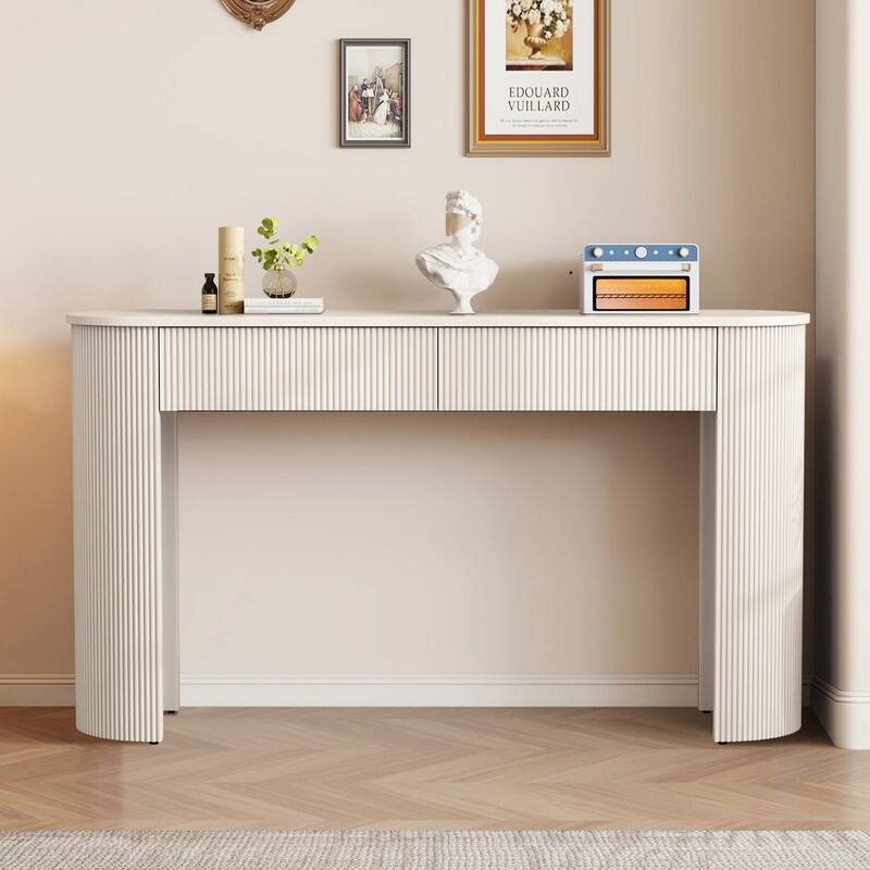 Fluted Design 54" Entryway Table with and Storage Drawers - White