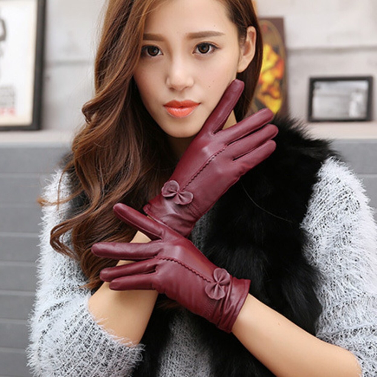 Shop 2018 Women Winter Warm Sheepskin Leather Gloves Bow