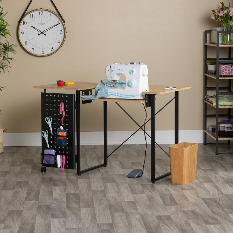 Sew Ready Pivot Sewing Table with Folding Top Adjustable Platform and Storage Peg Panel