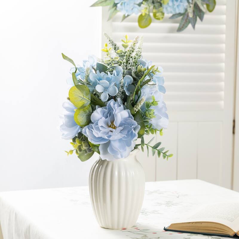 Glitzhome 24"D Blue Peony & Hydrangea Floral Wreath Includes a Complimentary Black Metal Wreath Hanger