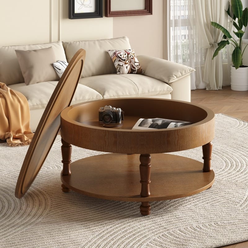 Modern Round Coffee Table with Dual Storage and Flip-Top Design for Living Room Organization