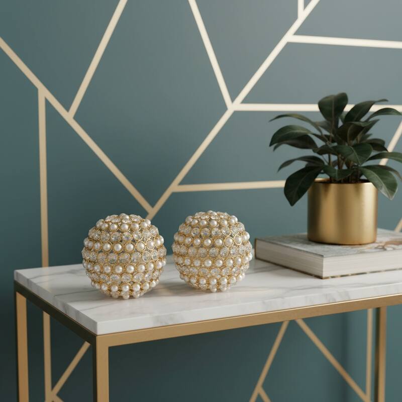 HomeRoots Set of Two 5" Gold Clear And Ivory Metal Faux Crystal And Pearl Decorative Orbs - Gold/Clear/Ivory - 5.00 in. x 5.00 in.  x 5.00 in.