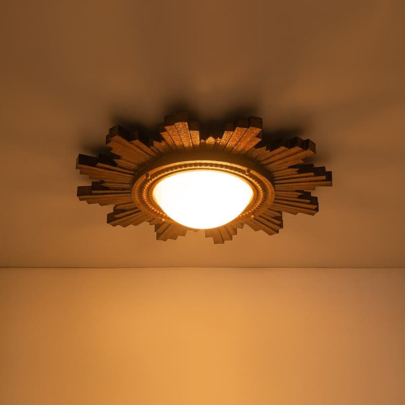 Antique Art Deco Wood Style Sunburst Flush Mount Light Wall Decor