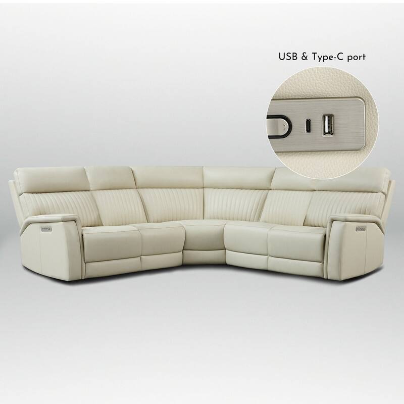 Genuine Leather Power Recliner Sectional with Power Ajustable Headrest and Lumbar, Zero Gravity, 2 Stationary Armlesschairs