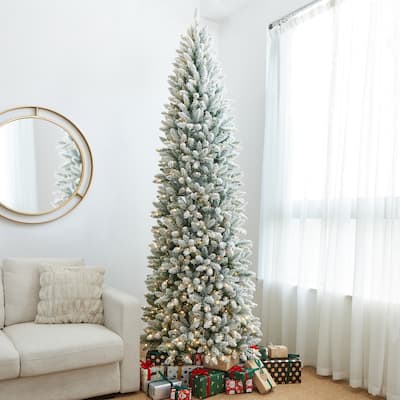 Glitzhome 9ft Pre-Lit Flocked Pencil Fir Artificial Christmas Tree with 600 Warm White Lights