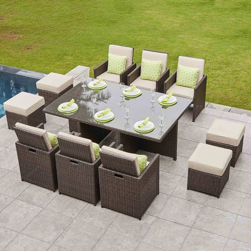 Abrihome 11-piece Outdoor Rattan Wicker Dining Table and Chairs Set
