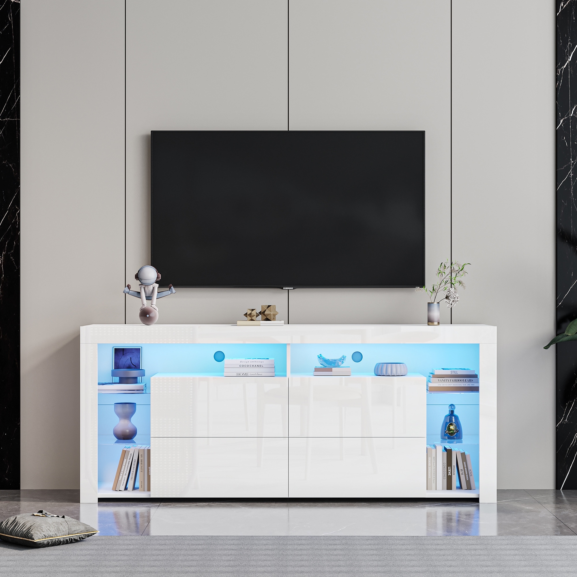 White Modern contracted LED TV Cabinet with Storage Drawers, TV