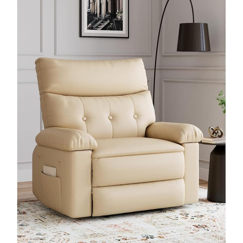 27" Oversized PU Leather Massage Recliner with Heat & Vibration, Cup Holders, Side Pockets, Wood Frame - Beige