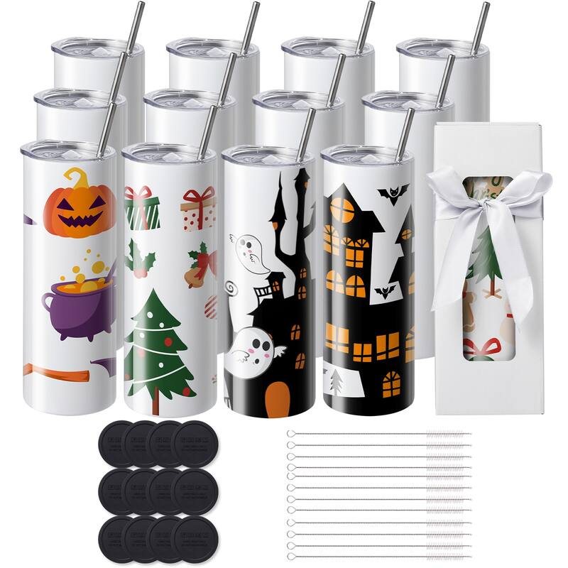 Sublimation Tumblers, Skinny Straight Stainless Steel Blanks Cups with Lid and Straw, Gift Box - 12-piece set 20oz