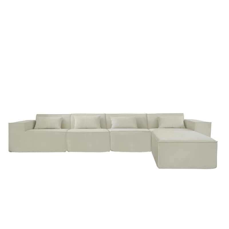 L-shape Corduroy Sectional Sofa with Ottoman, Flexible Combinations 5-Seater Living room Couch