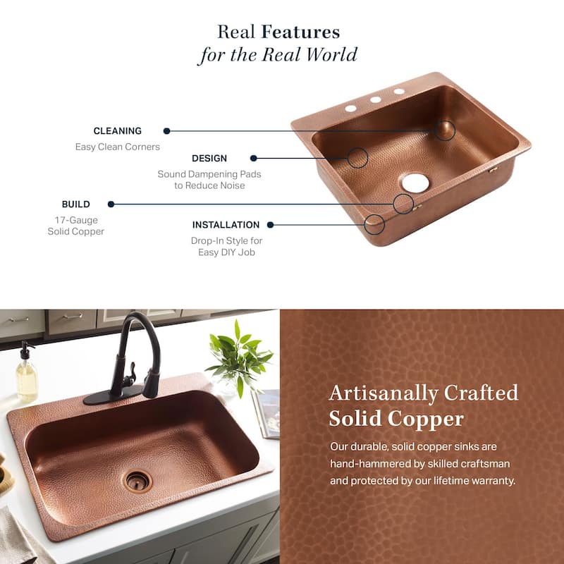 Angelico Copper 15" Single Bowl Drop-In Kitchen Sink with 1 Hole