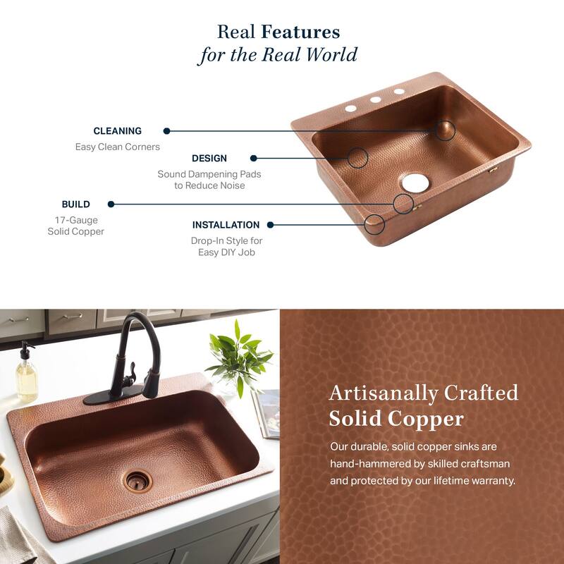 Angelico Copper 25" Single Bowl Drop-In Kitchen Sink with 4 Holes