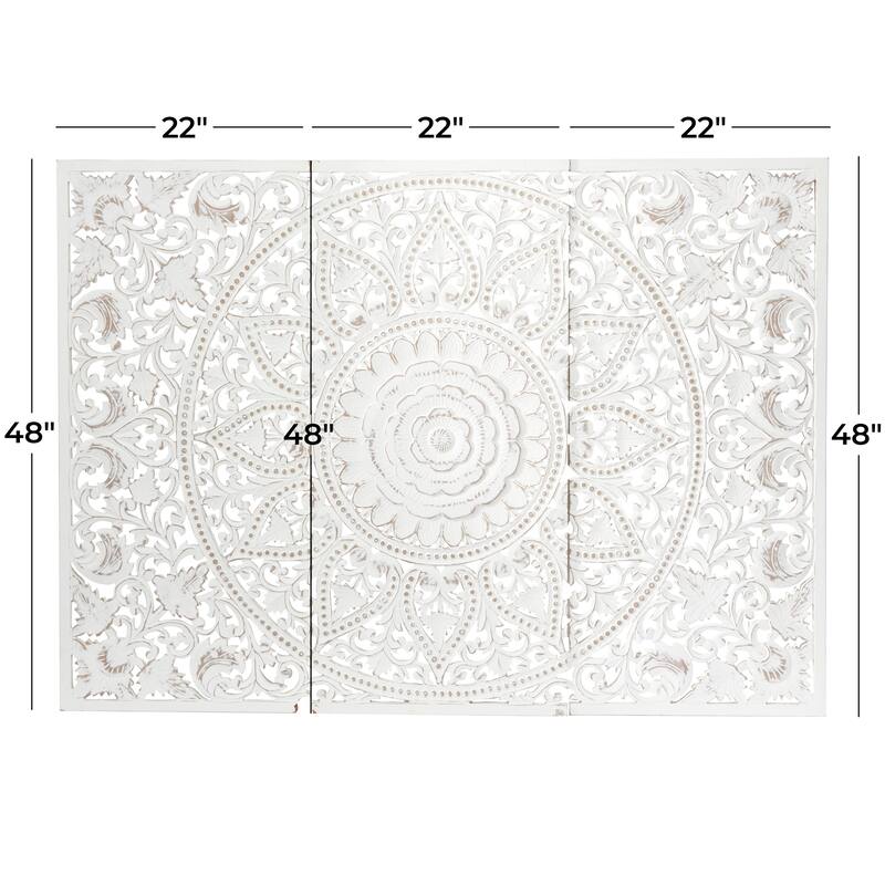 Wooden Handmade Intricately Carved Floral Wall Decor with Mandala Design (Set of 3) - Brown or White