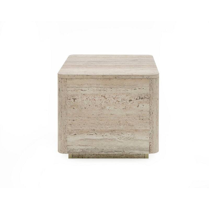Lia 20 Inch End Table, Square Travertine Stone Finish Laminated Top
