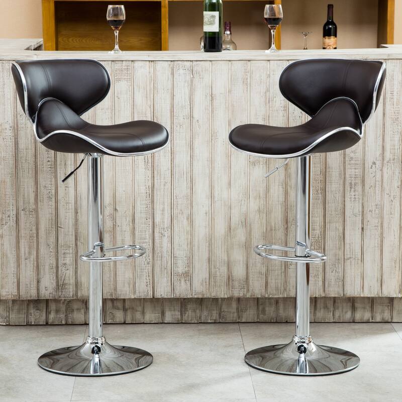 Modern Set of 2 Swivel Bar Stools with Leather Seat, Chrome Base, Height Adjustable, for Kitchen Island Dining Room - Dark Brown