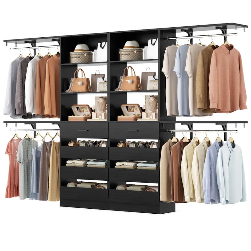 Set of 2 Closet System with Wooden Drawers and Hanging Rods, Closet Organizer with Adjustable Storage Shelves