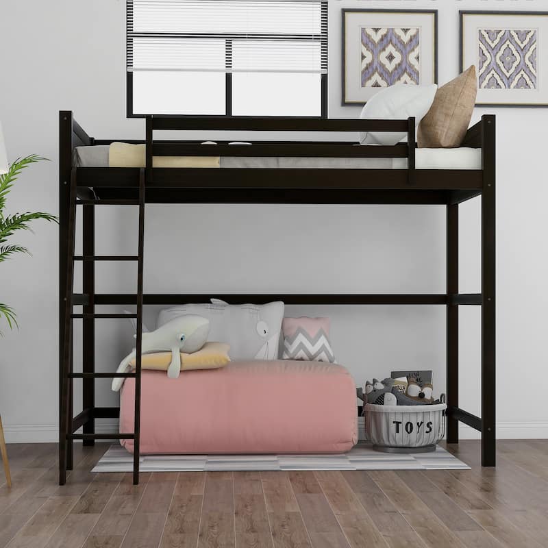 Modern Simple Style Twin Size Solid Pine Wood Loft Bed with Full Length Guardrail and Inclined Ladder