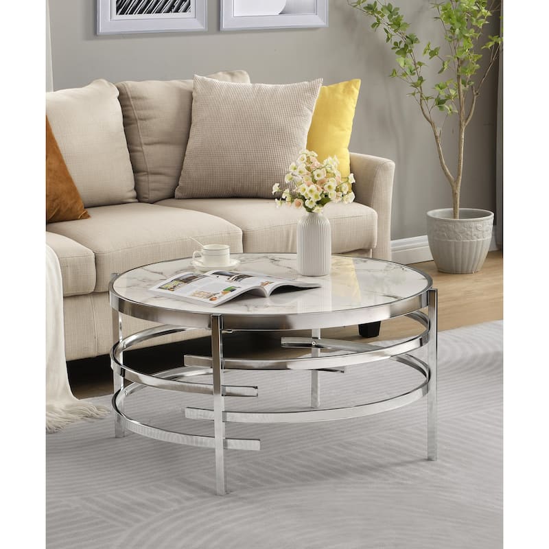 32.48'' Chrome Round Coffee Table with Sintered Stone Top - Silver