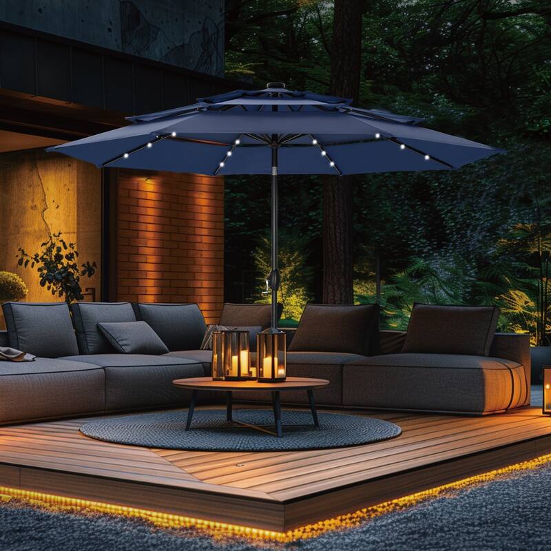 MAISON ARTS 10ft 3 Tier Auto-tilt Patio Umbrella Outdoor Double Vented Umbrella with LED Lights - Navy-Lights
