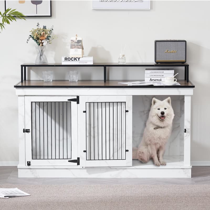 Mcombo Large Dog Crate Furniture TV Stand,Wooden Dog Kennel with Double Doors 1861 - White