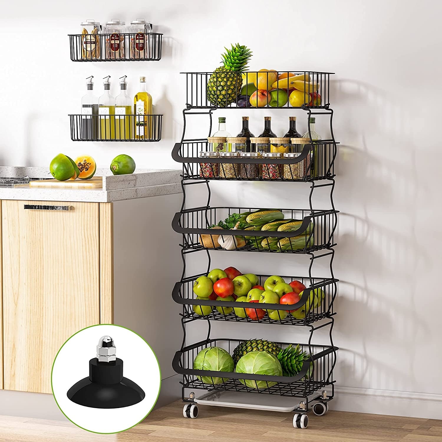 Vegetable Rack Baskets for Kitchen, 4 Tier Stackable Fruit and Vegetable  Storage Basket Cart Organizer Bins with Rolling Wheels, Large Capacity