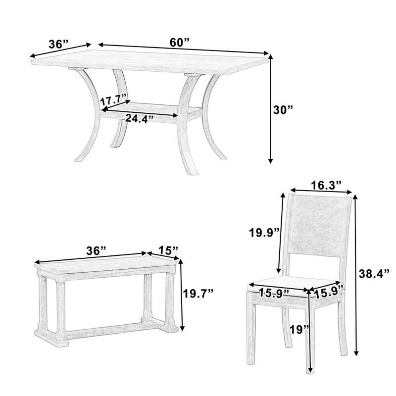 6-Piece Wood Dining Table Set with Storage Shelf and Curved Legs
