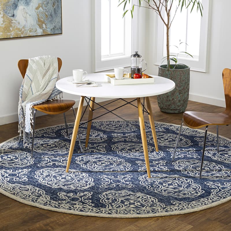 Livabliss Granada Handmade Medallion Wool Area Rug - 8' x 8' Round - Navy